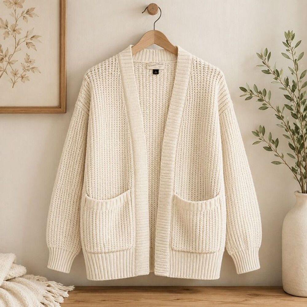 Universal Thread Cream Waffle Knit Open Front Cardigan Sweater XS Cozy Pockets